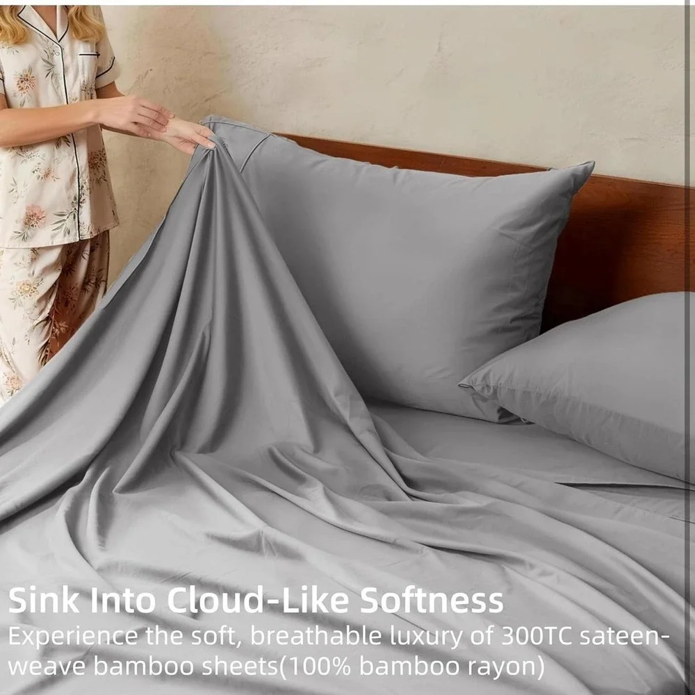 Gökotta King Sheet Set 100% Bamboo Rayon Cooling Deep Pocket Grey Silky Soft